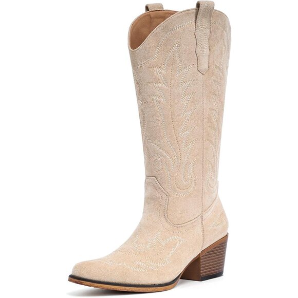 Women Camel Faux Suede Retro Snip Toe Chunky Block Heel Embroidered Boot - Picture 2 of 4